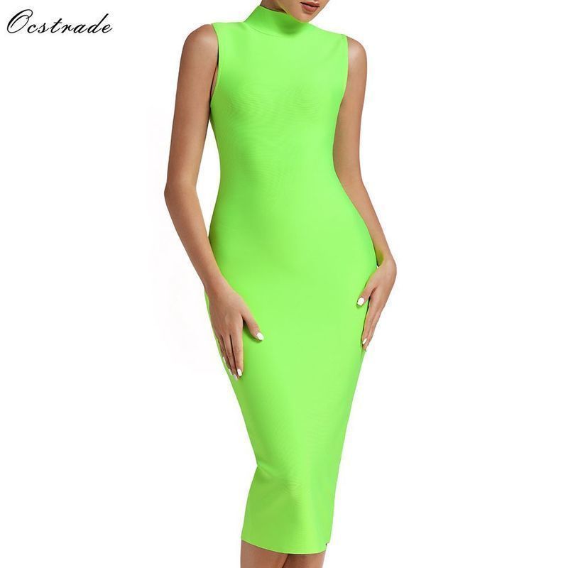 Ocstrade Rayon Vestidos Bandage Sexy Summer Arrival Women High Neck Neon Green Bandage Dress Midi Bodycon Party Dress Y200418
