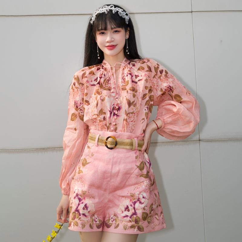 

Women' Tracksuits Women Shirts Shorts Suit With Belt Summer Floral Pink V-neck Long Sleeve Vintage Elegant Blouses Tops Female SlimWomen, Top