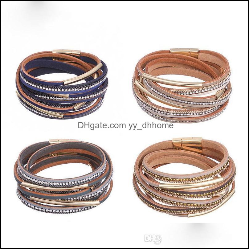 Bracelets de charme Bijoux Casual Femmes Mtiple Couches Bracelet En Cuir Cristal Tube En Métal Wrap Bracelet De Manchette Avec Fermoir Magnétique