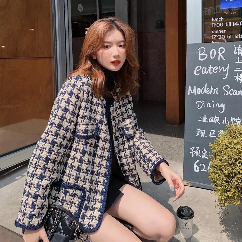 

Women's Jackets Korean Fashion Small Fragrance Style Tweed Jacket Women Autumn Winter Vintage Houndstooth Coat Trend Loose Casual Outerwear, Photo color