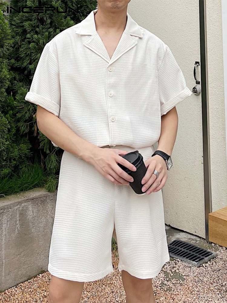 

Men' Tracksuits Men Sets Solid Color Streetwear Lapel Short Sleeve Button Shirt & Shorts 2PCS 2022 Loose Summer Casual Suits -5XLMen, Black