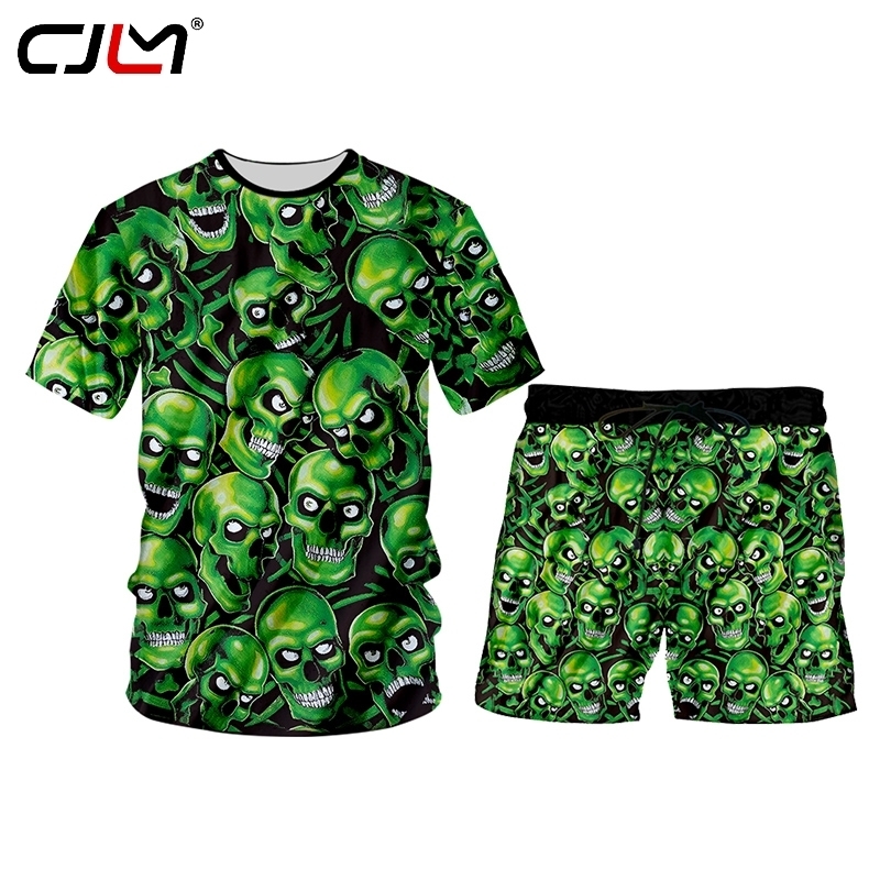 3D digital printing Set Outdoors Quick Drying Green skull Short Sleeve 2 Piece Set Tank Tops and Shorts Men Breathable 220623