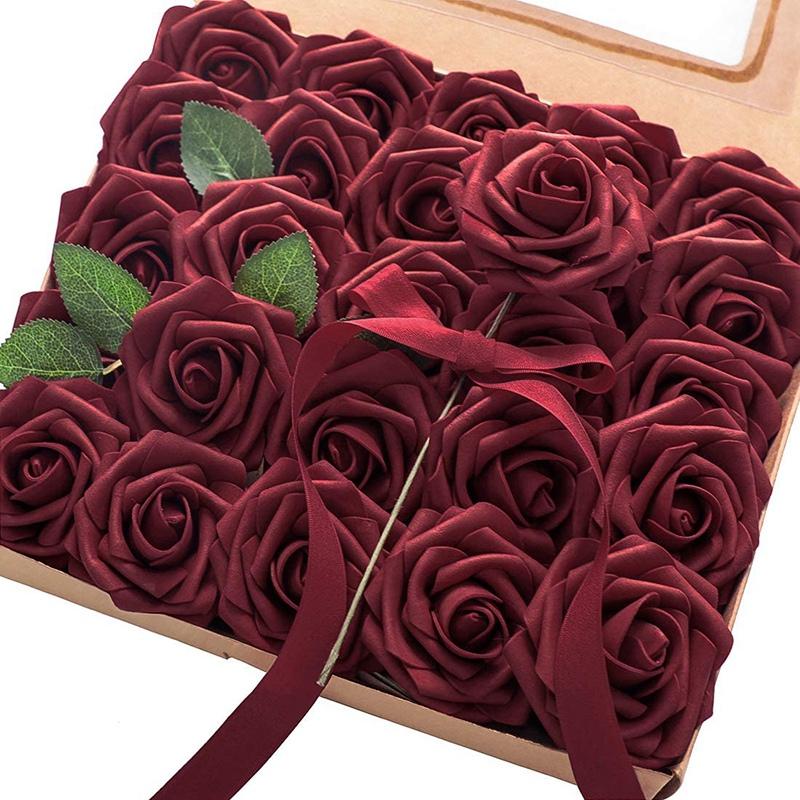 

Decorative Flowers & Wreaths Artificial 25Pcs Real Looking Burgundy Fake Roses With Stems For DIY Wedding Bouquets Red Bridal Shower