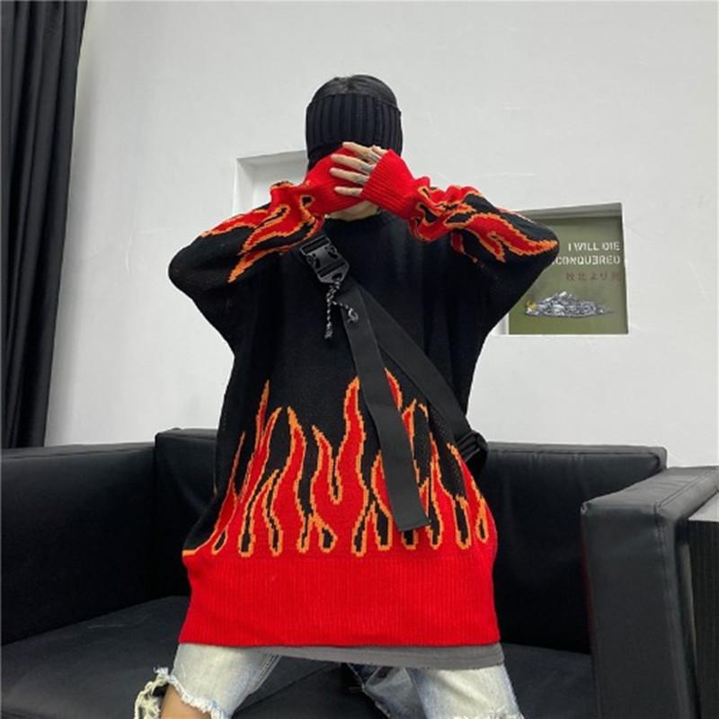 

Men's Sweaters Cool Men Sweater Fashion Flame Print Oversized Hip Hop Cotton Pullovers Knitted Casual Clothing Y2K America Vintage Girl Swea, Red flame