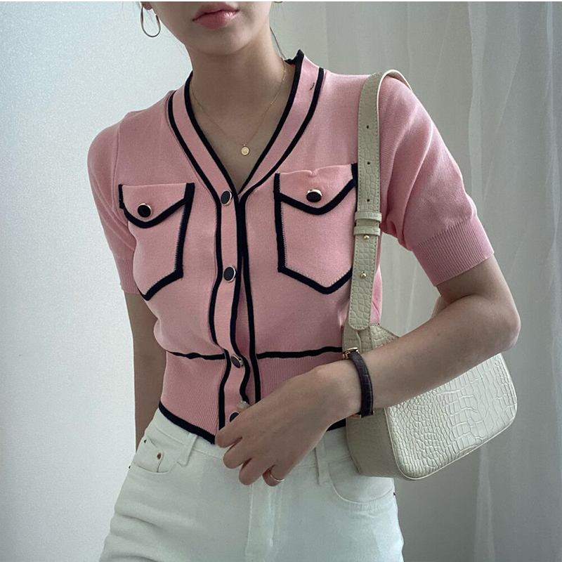Women French Vintage Pink Knitting Sweater V Neck Button Cardigan Short Sleeve Casual Korean Fashion Baggy Tops Ladies Summer-image-774723234