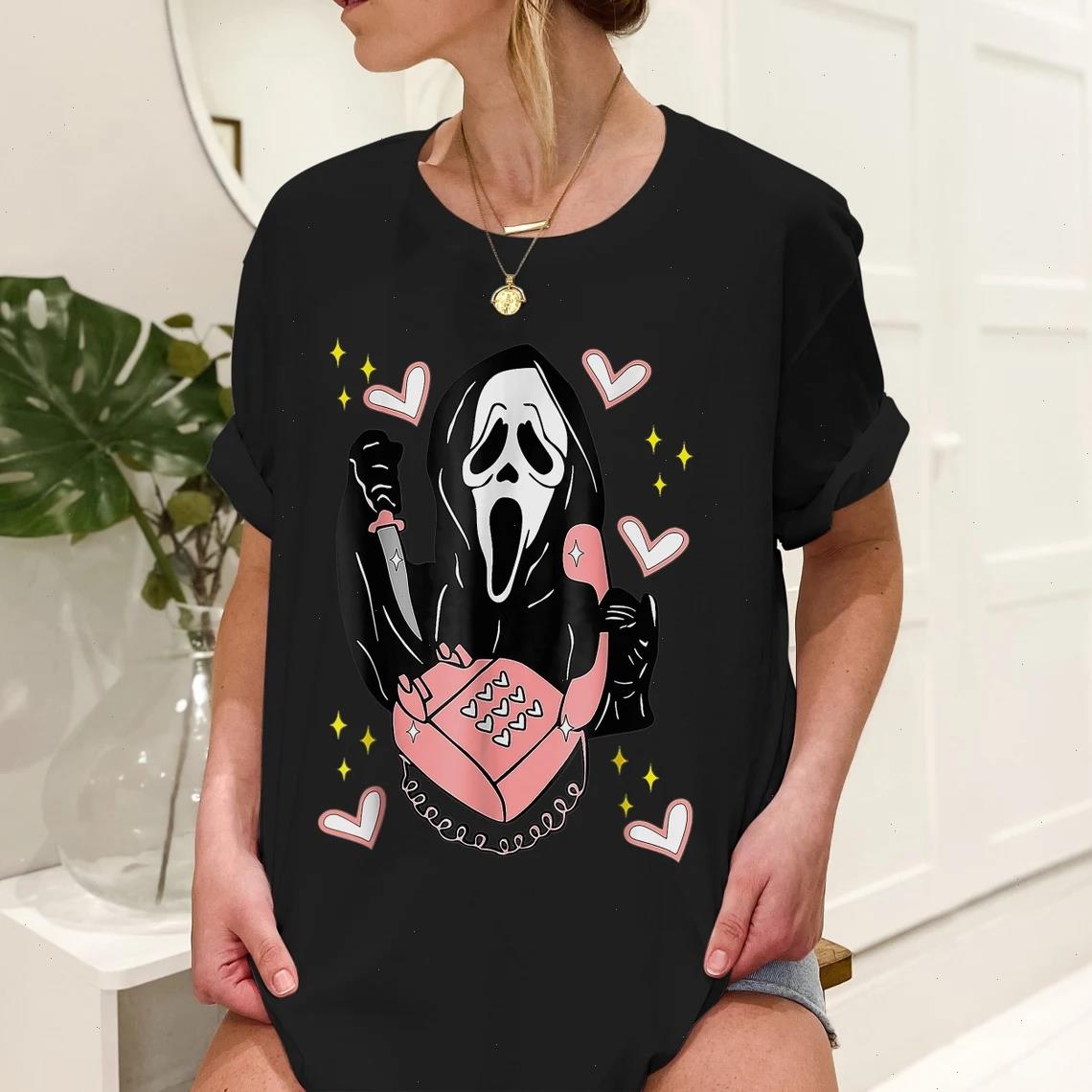 

Ghostface Calling Valentines T-shirt Love Tops Heart Funny Colorful Ghost Shirt Day Tee Women Fashion Casual Aesthetic Top, White
