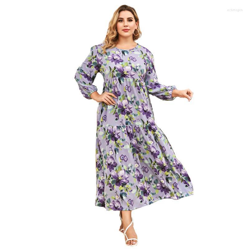 

Plus Size Dresses Elegant Maxi 2022 Autumn Long Sleeves Robe Female Wear Purple With Floral Women's Clothing Large Loose Casual Echm22
