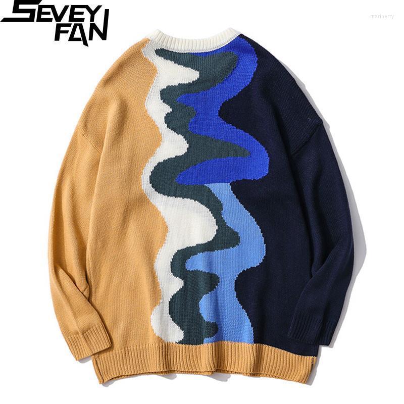 

Men's Sweaters Men's Harajuku Wave Pattern Sweater Color Contrast Casual Cotton Pullover Knitwear For CouplesMen's Mari22, Green