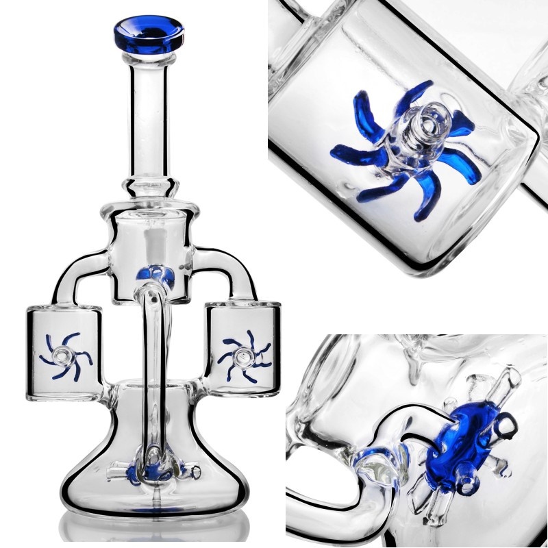 

Unique Glass Bong Double Recycler Hookah Propeller Perc Percolator Heady Glass Water Pipes Blue Green Purple Oil Rig Waterpipe