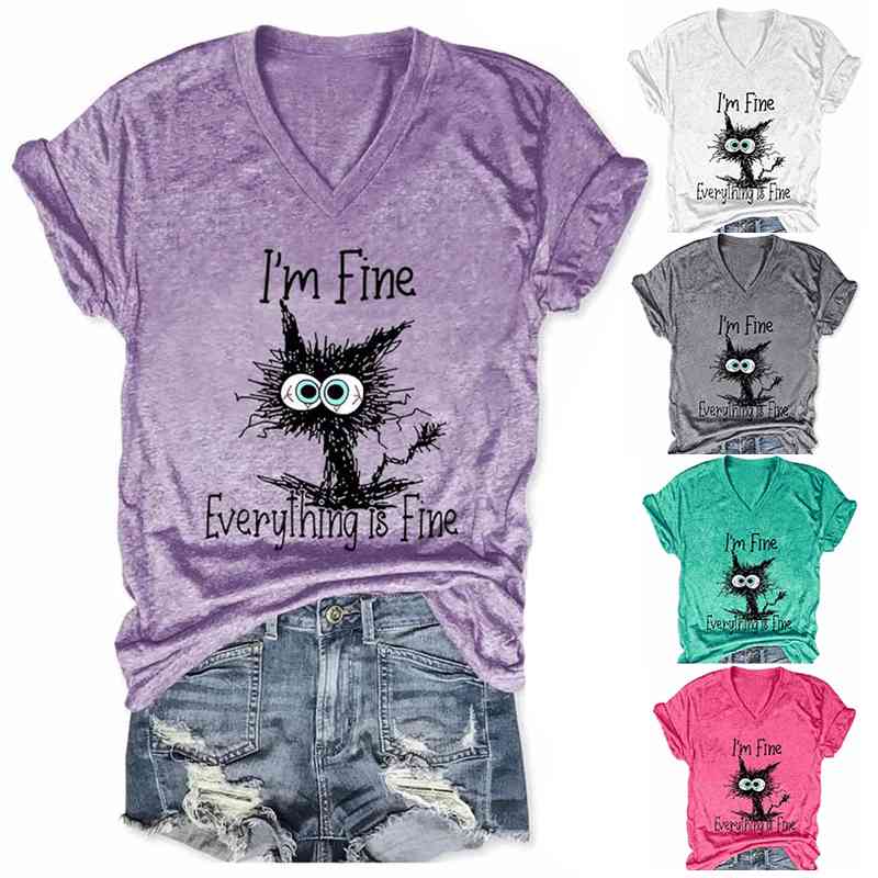 

Short Sleeve Black Cat print Pullover loose t-pleated round neck women' top, Green