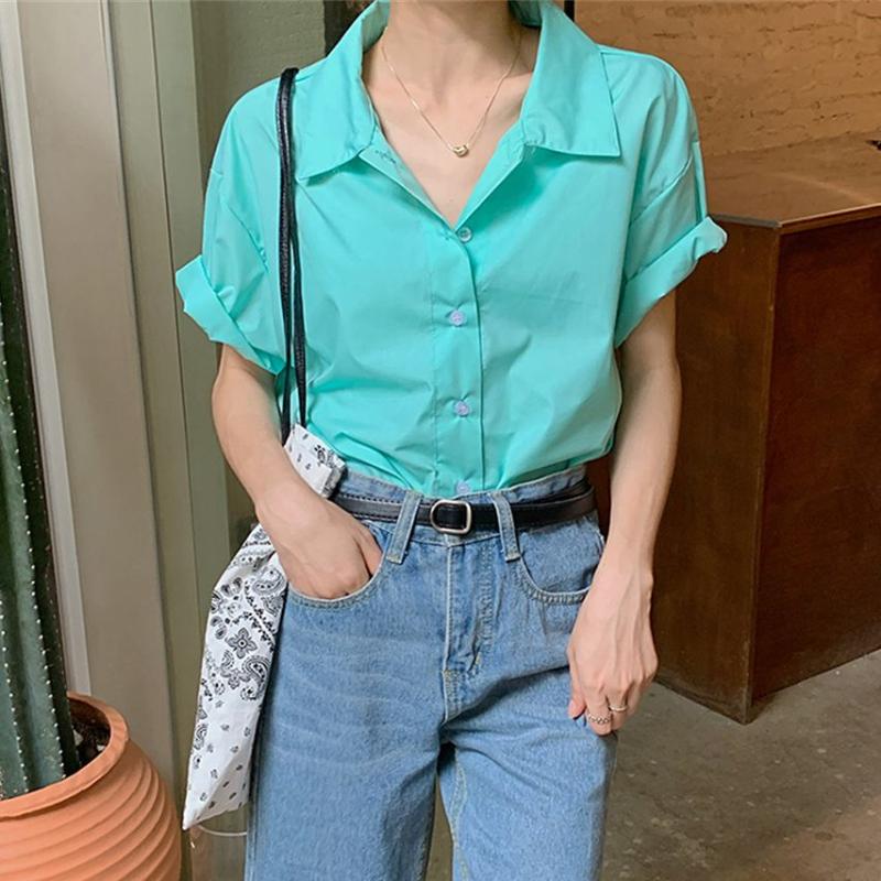 

Women's Blouses & Shirts HziriP 2022 Office Lady Short Sleeves Chic Summer Slim Women Tops Pure Color OL All Match Loose Casual, Blue