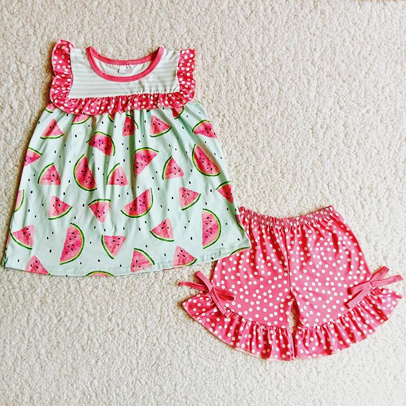 

T-shirts Wholesale Baby Girls Boutique Summer Fruit Clothing Watermelon Red Shirt Pink Dot Ruffle Shorts Children Clothes Kid Set OutfitT-sh, As picture