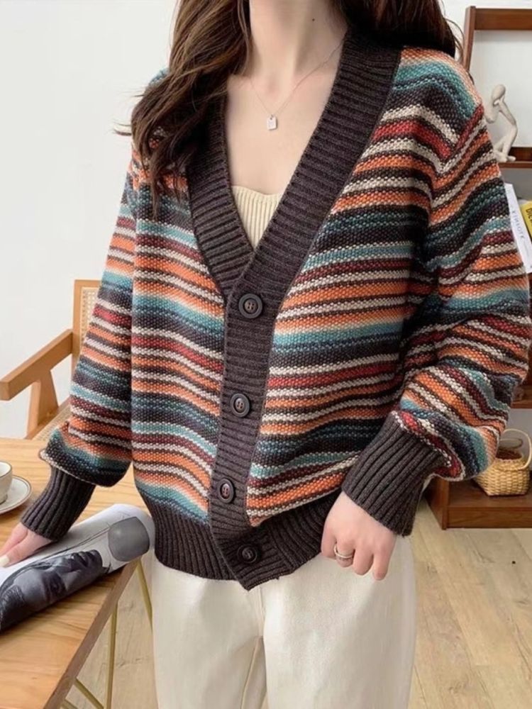 

Women Spring Autumn Women Vintage Sweater and Cardigans V neck Striped Chinese Style Chic Knitted Jackets Sweater Coat, Lm19884-a beige