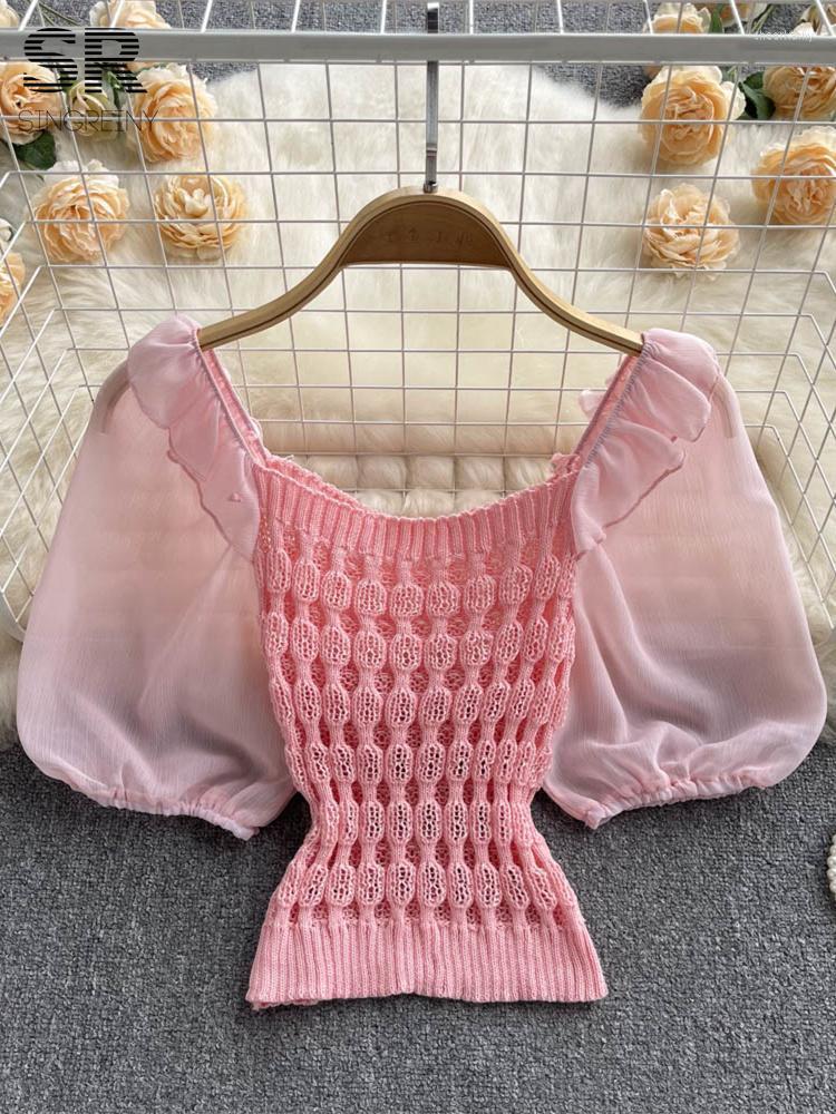 

Women's Blouses & Shirts 2022 Knitted Spliced Short Blouse Square Collar Ruff Sleeve SheachTop Ladies Summer Korean Elastic Waist Gentle Top, Black