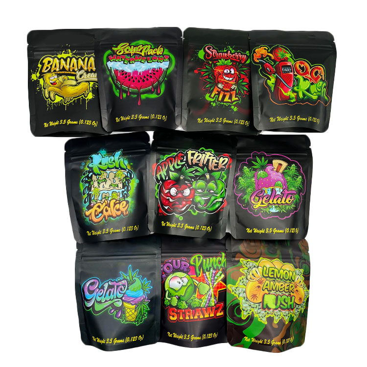 

Ready to ship newest 3.5g flower mylar bags Gorilla apple fritter banana cream strawberry gelato der herb flowers package smell proof zip lock packaging baggie