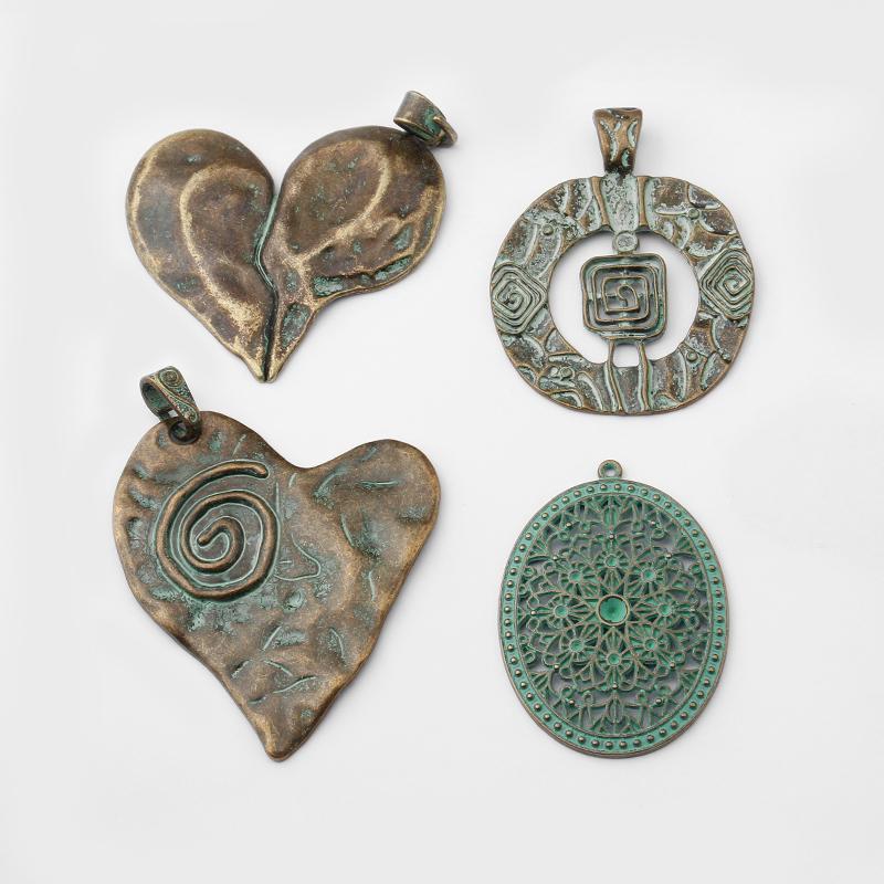 

Pendant Necklaces 2pcs Verdigris Patina Antique Greek Bronze Charms Embossed Heart Pierced Vortex Spiral Flower Large Jewelry Findings