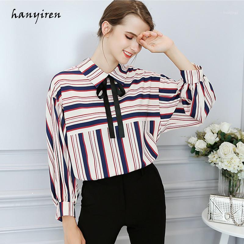 

Hanyiren Stripe Long Sleeve Chiffon Blouse Shirts 2022 Summer Autumn Bow Tie Office Casual Loose Shirt Female Button Women Tops Women' Blou, Black