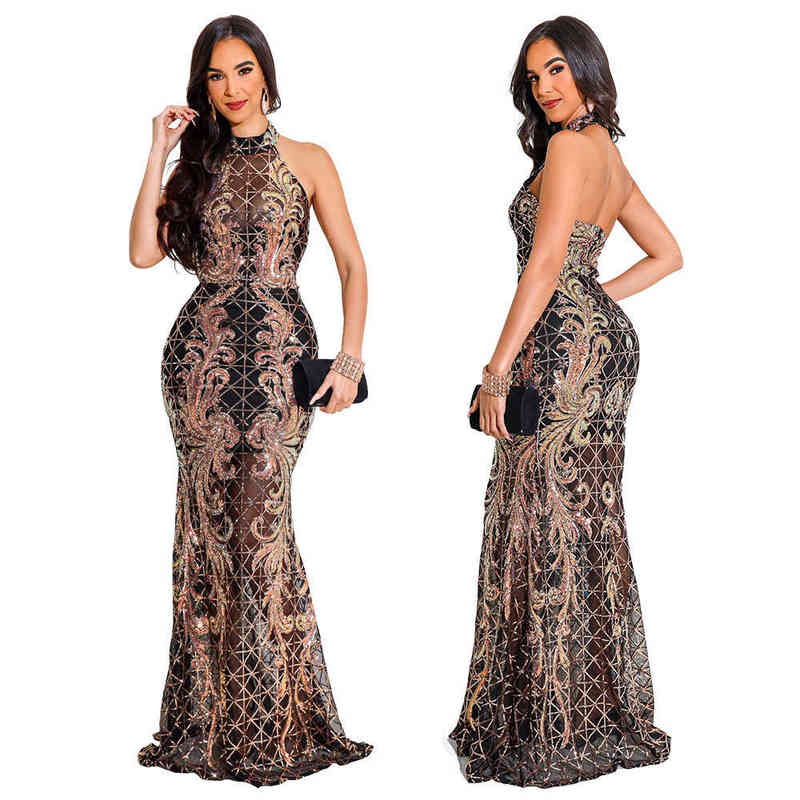 

Zoctuo Female Dress Elegant Sequin Printing Vestidos Maxi Dresses For Women O Neck Sleeveless High Waisted Slim Floor Length Y220401, Black