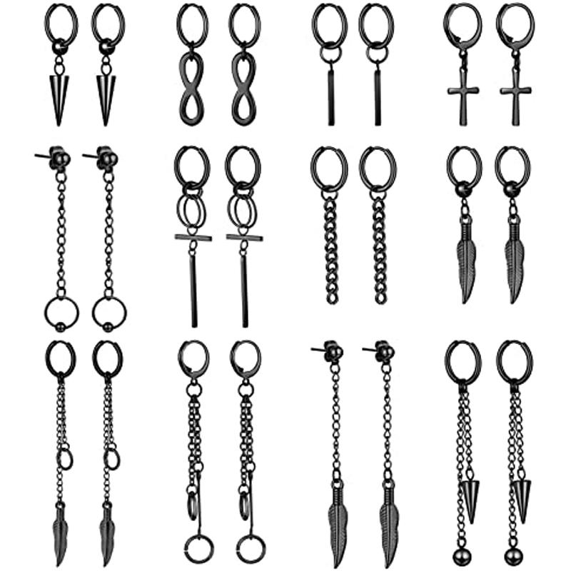 

Hoop & Huggie Pieces Dangle Earrings Stainless Steel Hinged Long Chain For Men Women Black Jewelry SetHoop