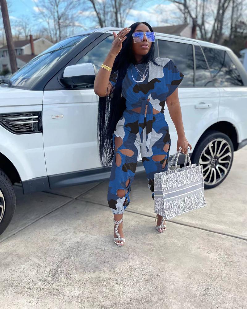 

Women' Two Piece Pants Camouflage Women Set Outfit Sweatsuit 2022 Tie Hem T-shirt And Jogger Matching Street TracksuitWomen, Blue