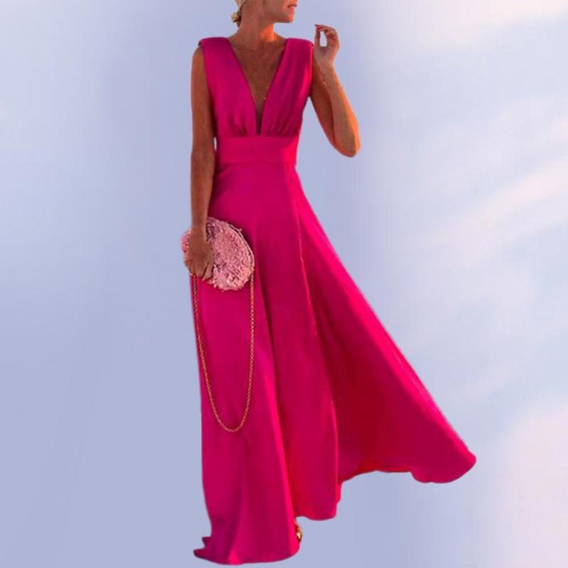 

Casual Dresses Women Dress Sleeveless Deep V-Neck Sexy Waist Tight Pleated Big Hem Maxi For Party Elegant Ladies Clothing 2022 Red 3xl