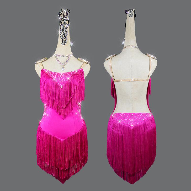 

Stage Wear 2022 Women Latin Dance Dress Sexy Fringe Sparkly Rhinestone Skirts Lady Salsa Chacha Standard Costumes Custom-made, Hot pink