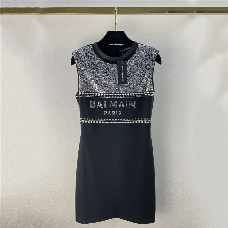 

Balmain Dresses For Women Shiny Rhinestones Party Skirts Sleeveless Sexy Slim Knitted Dress, Black