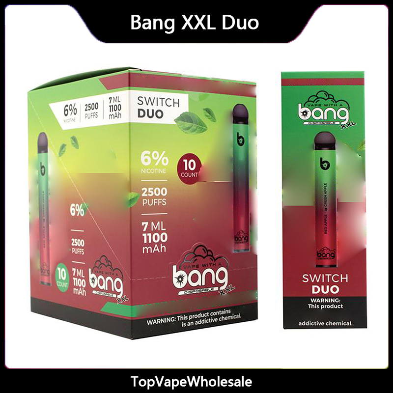 

Bang XXL Switch Duo Disposable Electronic Cigarettes Vapes Pen Device Pod E Cigarette Kit 2500 Puffs 7ml 1100mAh 6% Pods Vs Loy