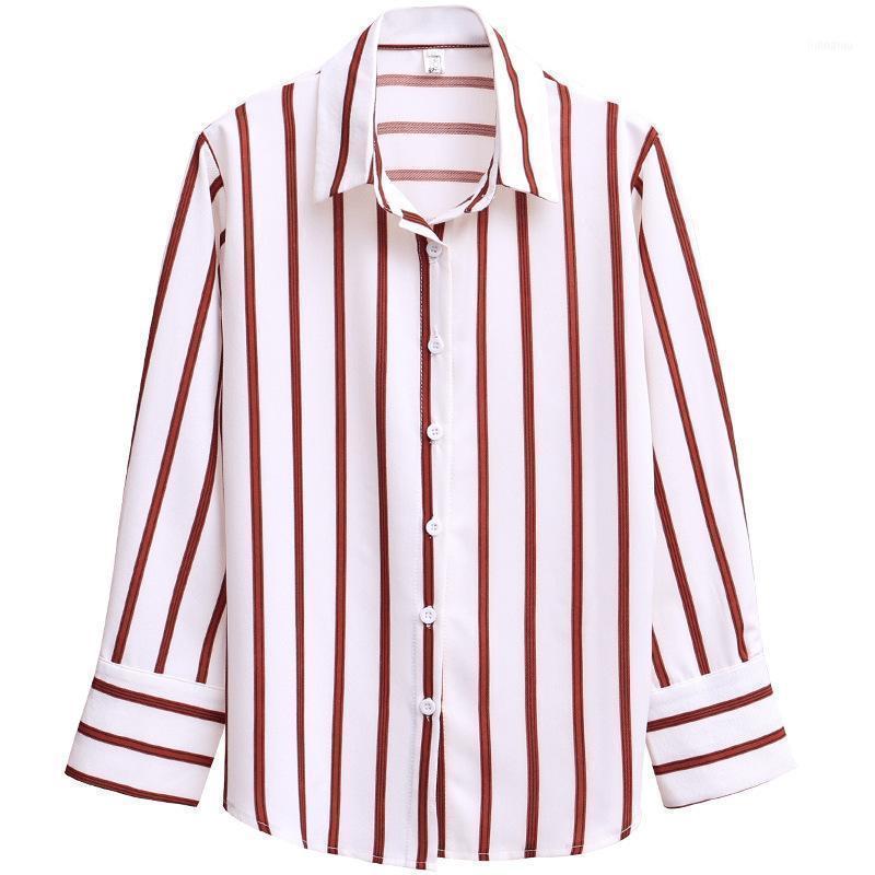 

Women Fashion Long Sleeve Turn-down Collar Striped Loose Blouse Shirts Autumn Thin Tops Casual Office Shirt Blusas, Red