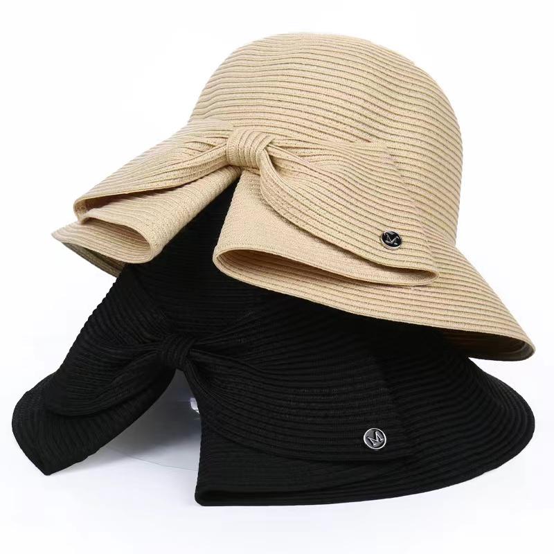 

Wide Brim Hats Bow Anti-UV Sun Hat Cap Summer For Women Beach Panama Straw Dome Bucket Breathable VisorWide, Black