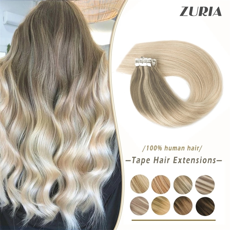 

ZURIA Straight Hair Mini Tape In Human Extensions Invisible Skin Weft Adhesive Mixed color 12"16"20" 100% Natural Real W220401
