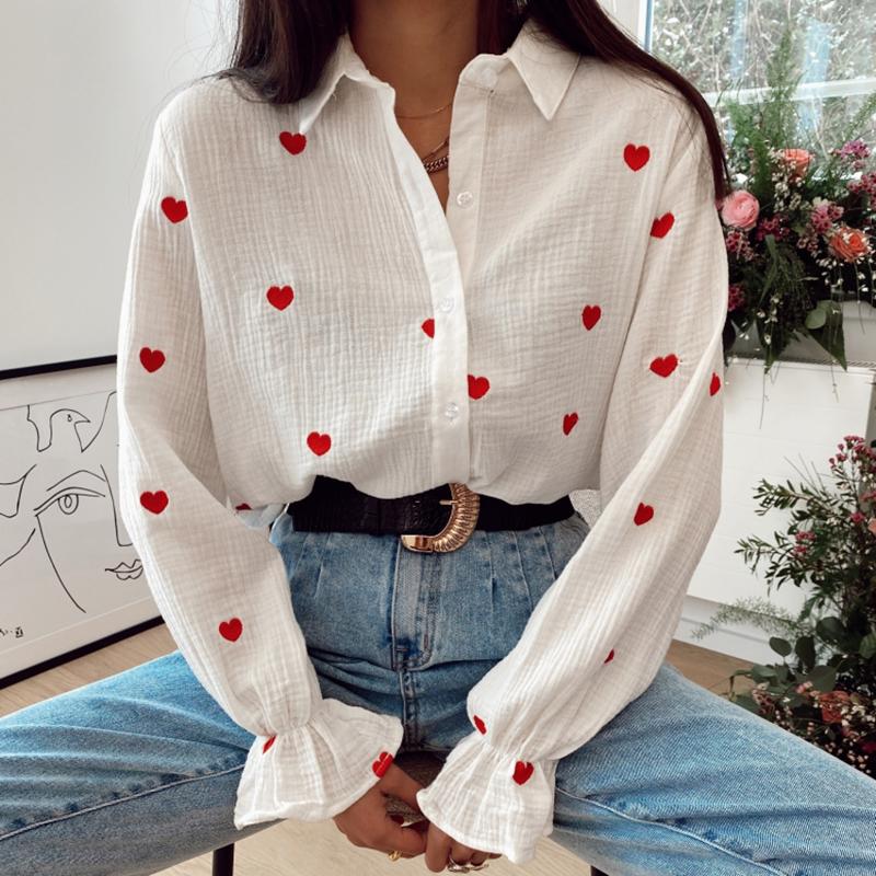 

Women' Blouses & Shirts Fashion Casual Turn Down Collar Women Elegant Long Sleeve Red Heart Embroidery Tops Ladies, As picture