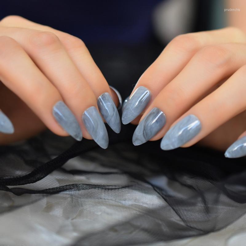 

False Nails Artificial Marble Stylish Stiletto Medium Gray Shiny Nail Tips Almond Full Fake Prud22, Z960