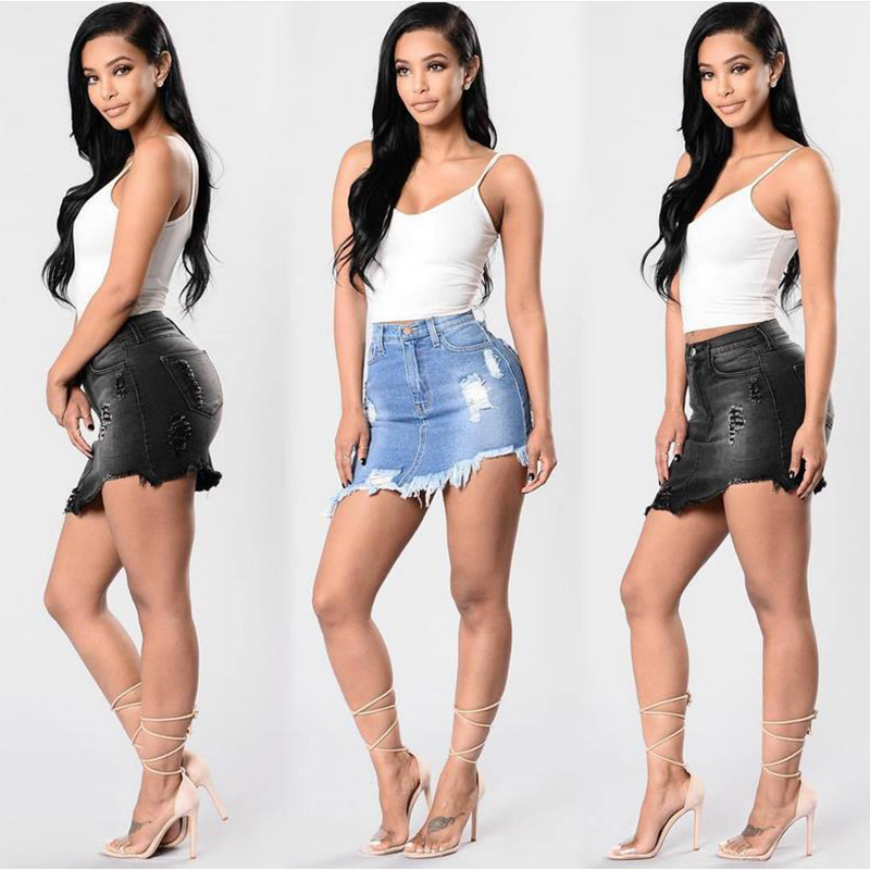 

Women Denim Skirts 2022 Summer Fashion Sexy Ripped Casual Slim Package Hip Jean Skirt LK, Blue