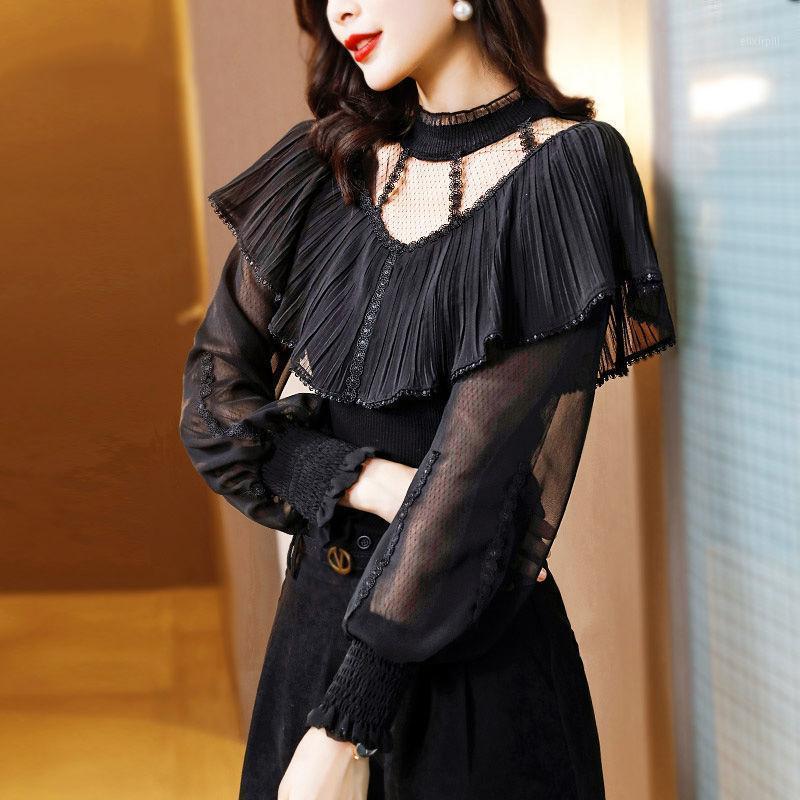 

Women's Blouses & Shirts Heavy Imitation Silk Shirt Female Design Sense Niche Spring 2022 Hollow Fashion Long-sleeved Top, Black