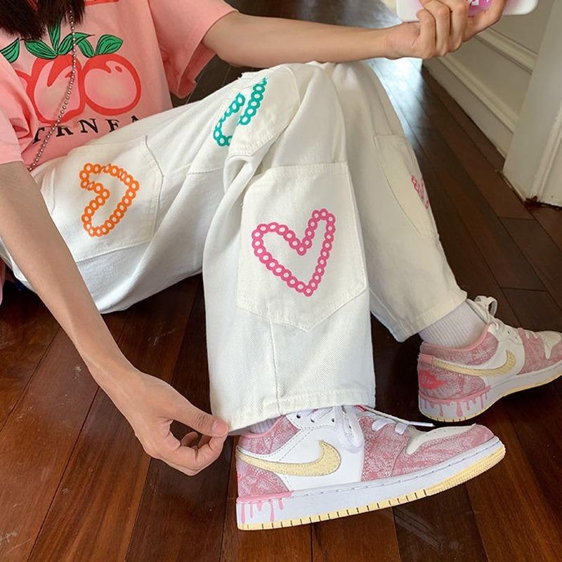 

Women' Jeans 2023 Korean Streetwear White Baggy Women Letter Embroidery Pockets Cargo Pants Autumn Fashion Wide Leg Y2K Girl' Trousers