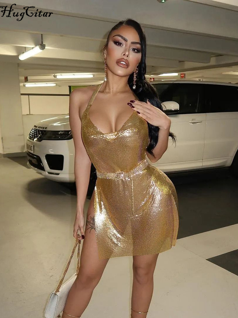 

Bling Glitter Women Halter Mini Dress Side Slit Backless Bodycon Sexy Streetwear Party Club Festival 2022 Summer Clothe, Black