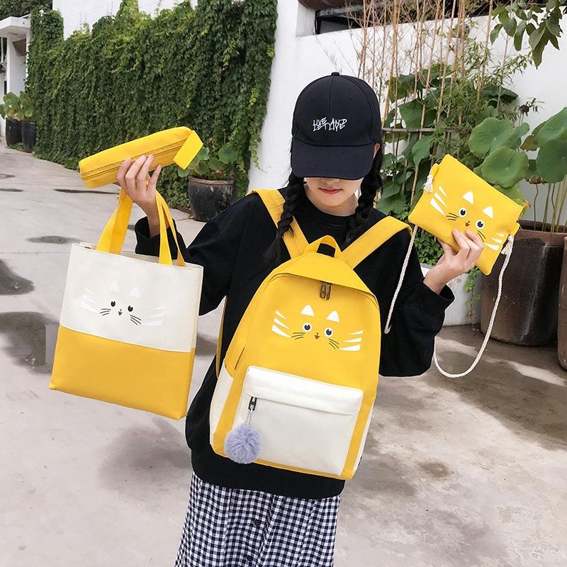 

School Bags 5pcs Set Primary For Teenage Girls Cute Cat Backpack Children Book Bag Student Animal Gift, Green