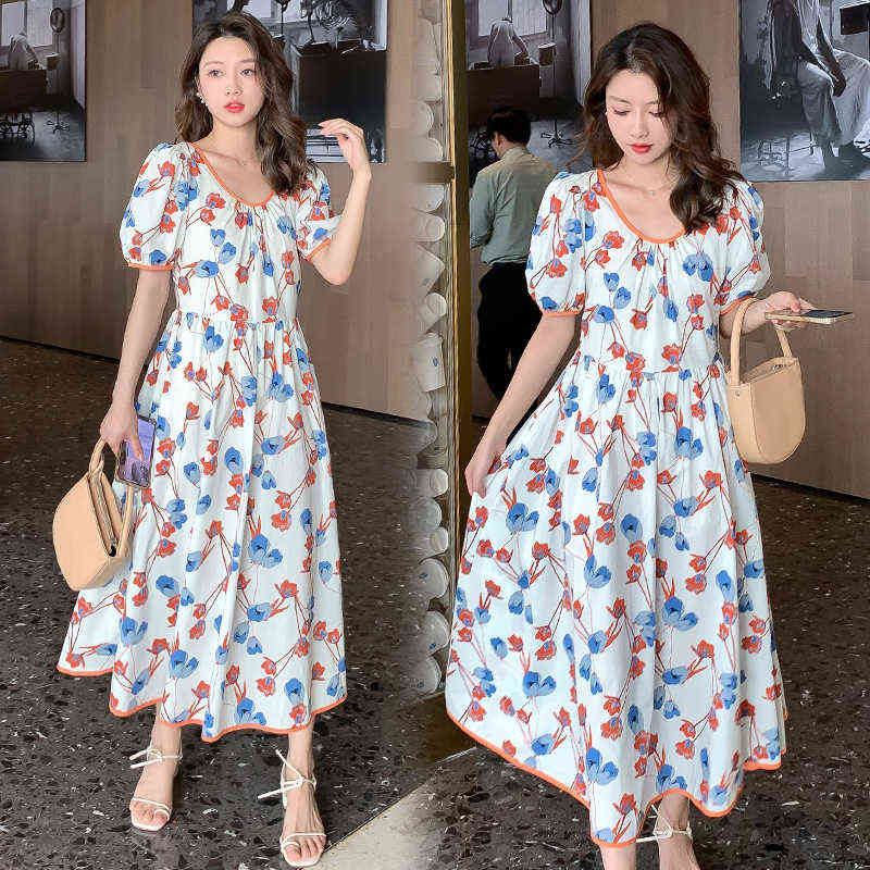 

Pregnant Woman Summer Dress Fashion Printed French Style Backless Long Loose Maternity Dress Puff Sleeve Pregnancy Chiffon Dress G220418, Ivory