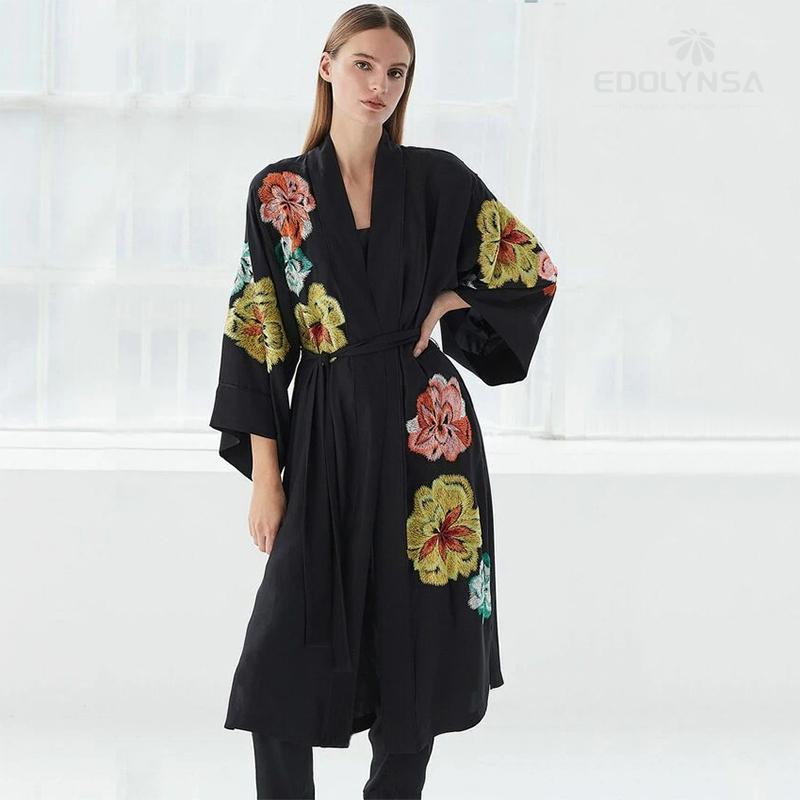 

Casual Dresses 2022 Black Elegant Embroidered Self Belted Long Kimono Sleeve Plus Size Women Clothing Summer Beach Wear Maxi Dress Q1370