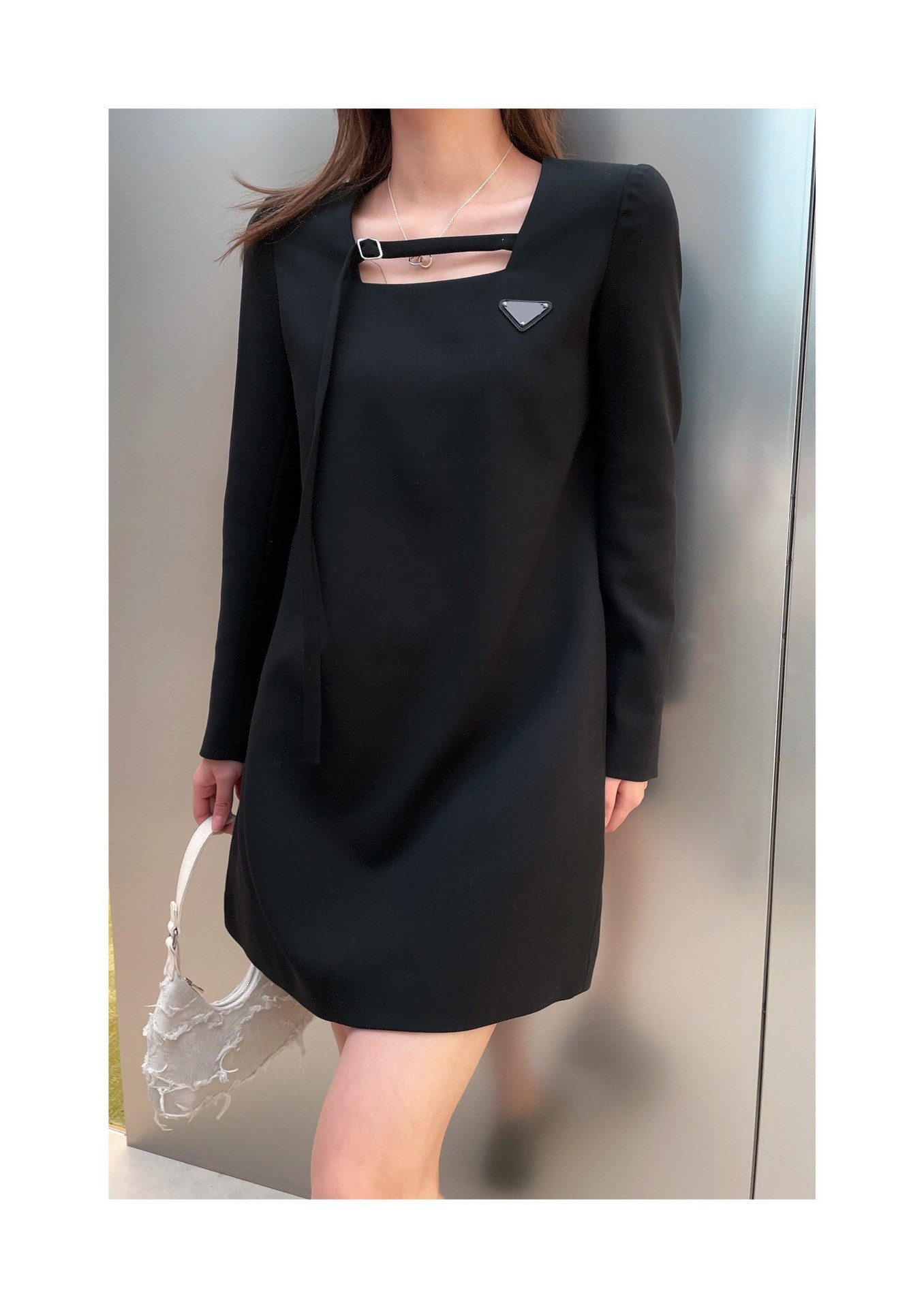 

Personality Belt Ornament Dress Fashion Triangle Badge Women Casual Dresses Creative long sleeves Girls Brand Skirts, Black