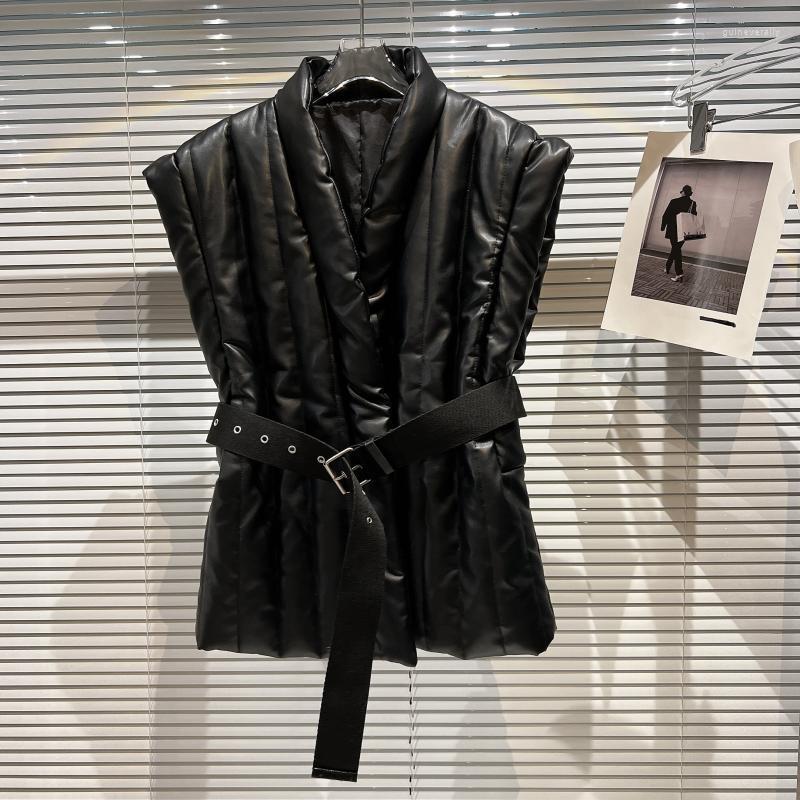 

Women's Vests Belted Ribbed Pu Leather Puffer Vest Guin22, Black