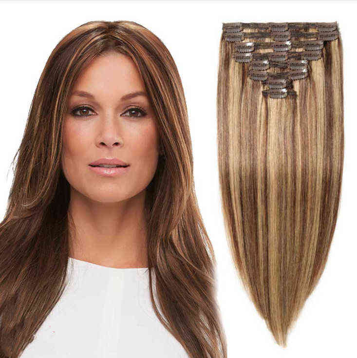 

Hair Wigs Real Hair Wig Piece Female Straight Piano Color 8 piece Clip Human piece 220826, P4/27#