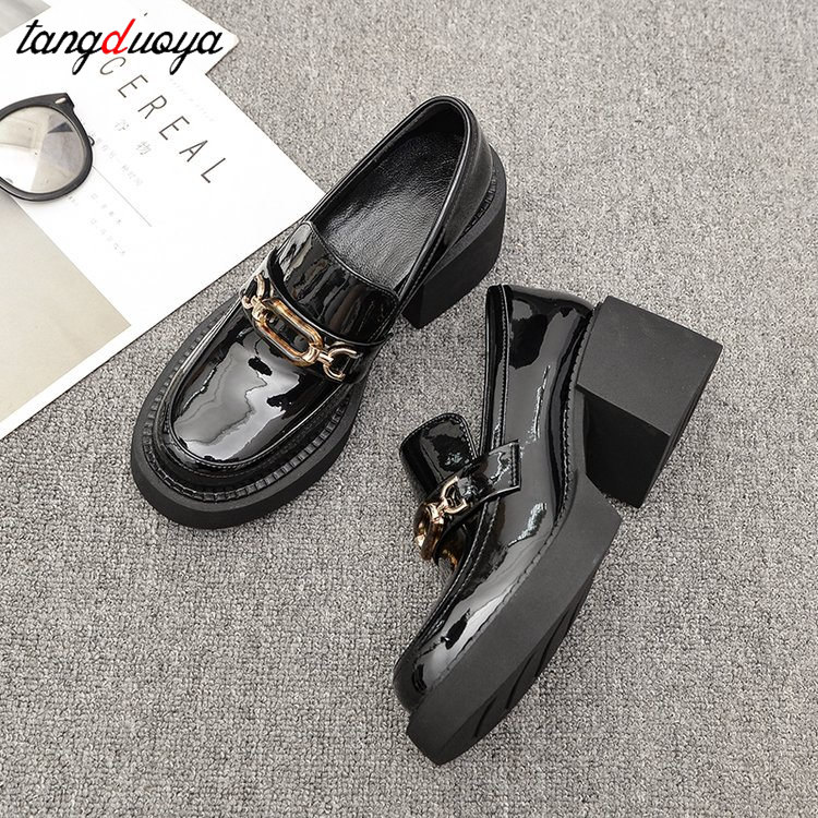

Platform Shoes Loafers Women Pumps High Heels Shoes Belt Buckle 2022 spring Vintage Casual Round Toe Ladies mary janes shoes, Black