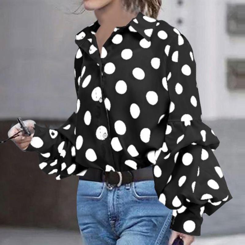 Blouses Femmes Chemises Femmes Léopard Imprimé Chemisier Chemise Vintage Automne Bouton À Pois Lâche Longue Lanterne Manches Revers Élégant Burea