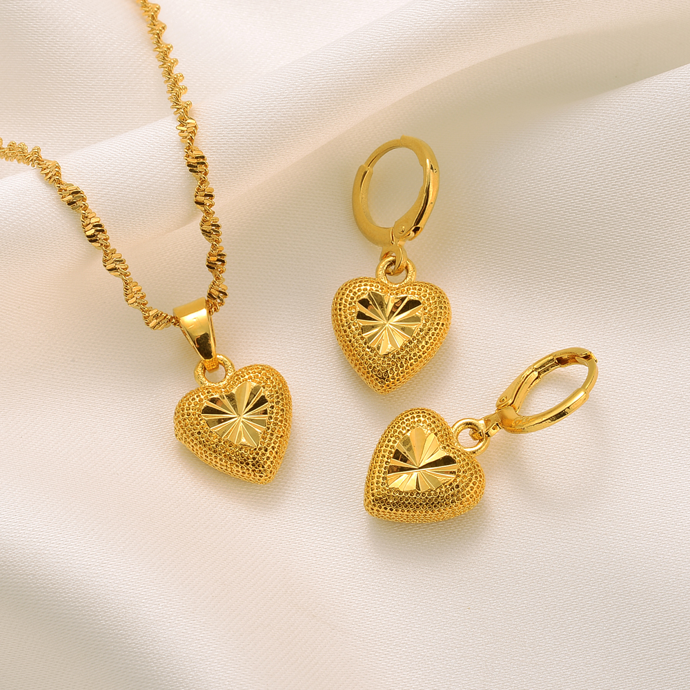 Luxury Necklace pendant Earrings 24k Solid Fine Gold GF Heart Jewelry Sets Women Dubai-image-762004184