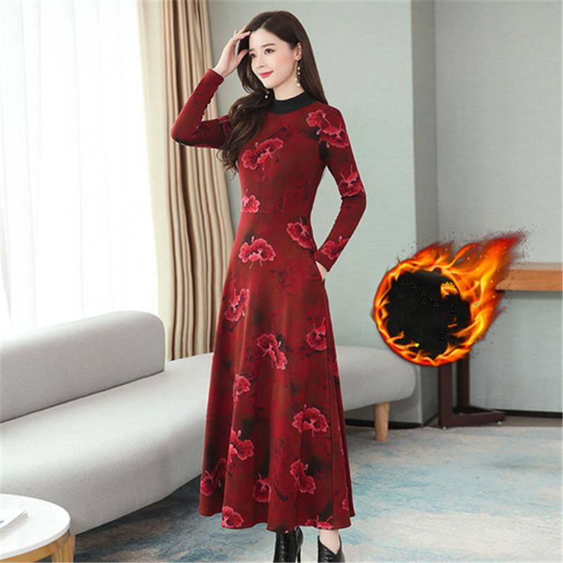 

Casual Dresses Plus Size Dress 2022 Fashion Velvet Thickened O-neck Long Sleeve Printed Ceremony Bottoming Women, Blue