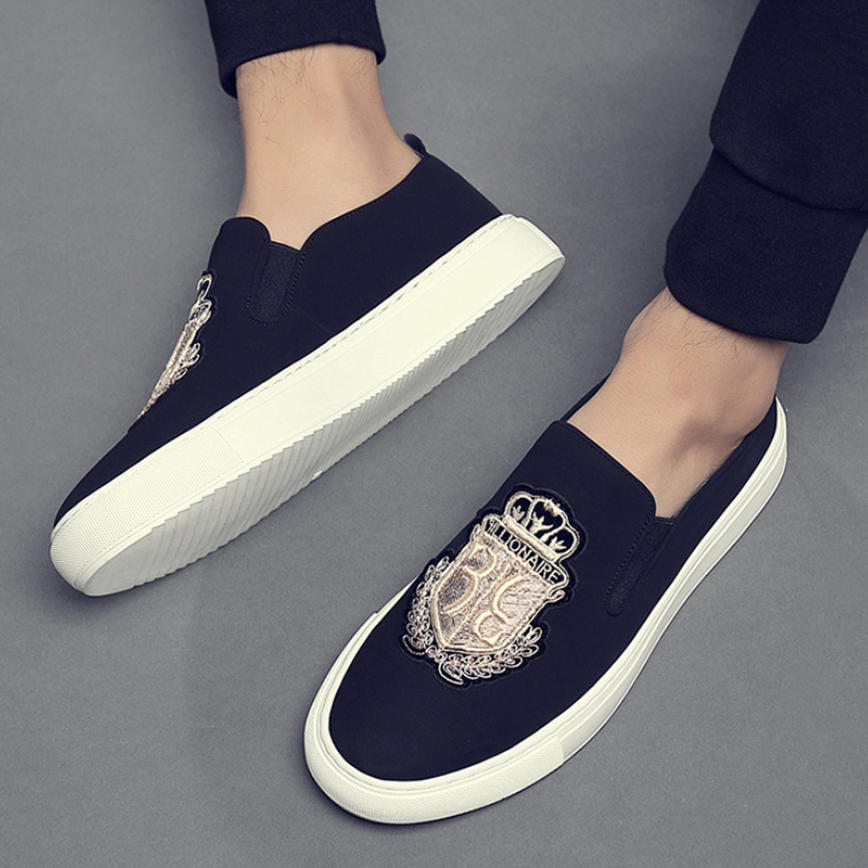 

New Trend Men Shoes In Summer Loafers British Embroidery Cover Feet Comfortable Flat Bottomed Driving Light and Versatile Anti Slip HM309, Black