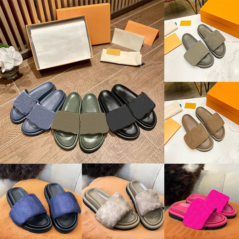 

Men Women Slippers Pool Pillow Comfort Sandals Designer Velcro Mules Smooth Calfskin FFlat letter wide slippers Thick Bottom Rubber Flip Flops, Color6
