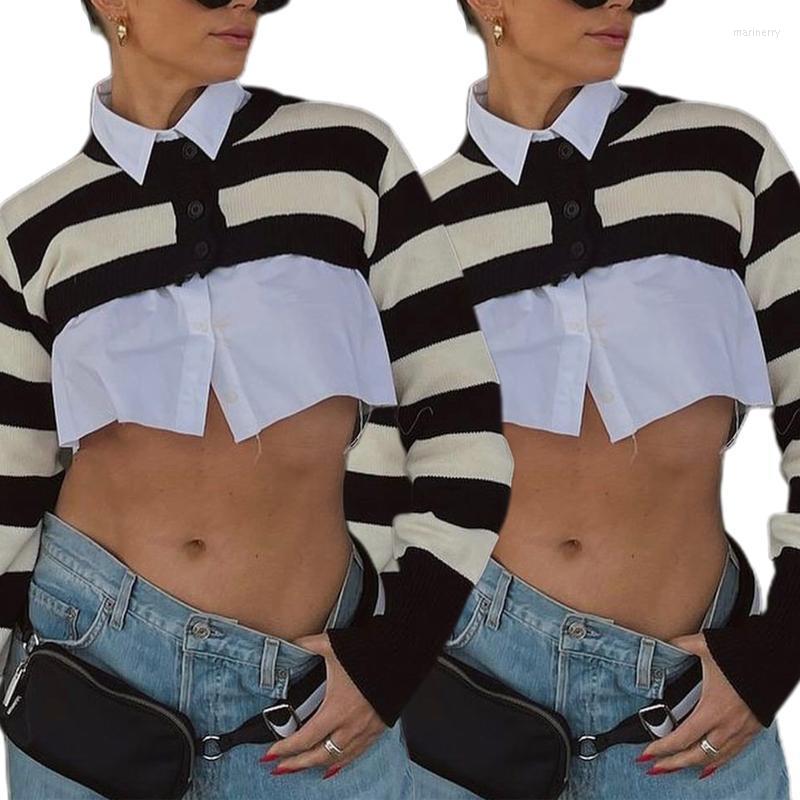 

Women's Knits & Tees Summer Sexy Crop Top Y2K Crochet Shawl Long Sleeve Mini Cover-ups Knitted Stripe T-shirt Women's Fashion Streetwear, As pic